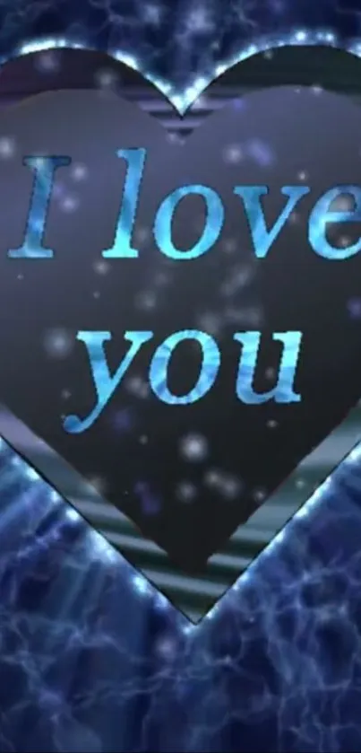 Romantic heart with "I love you" glowing text on a blue background.