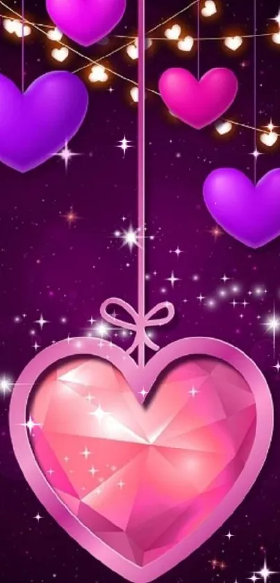 Vibrant pink and purple heart wallpaper with sparkling effects.