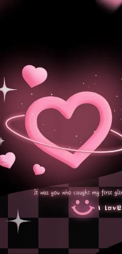 Neon pink heart with cosmic design on black background.