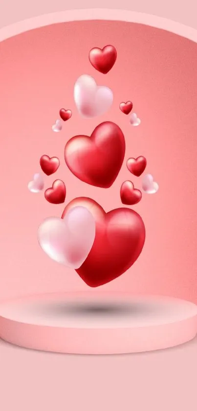 Romantic 3D heart wallpaper with pink and red tones.