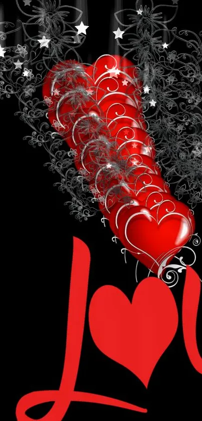 Romantic wallpaper with red hearts and floral patterns on a black background.