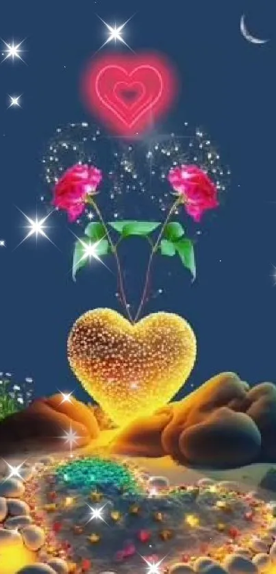 Romantic glowing heart with roses against a midnight blue sky.