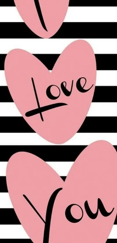 Romantic wallpaper with pink hearts and stripes.