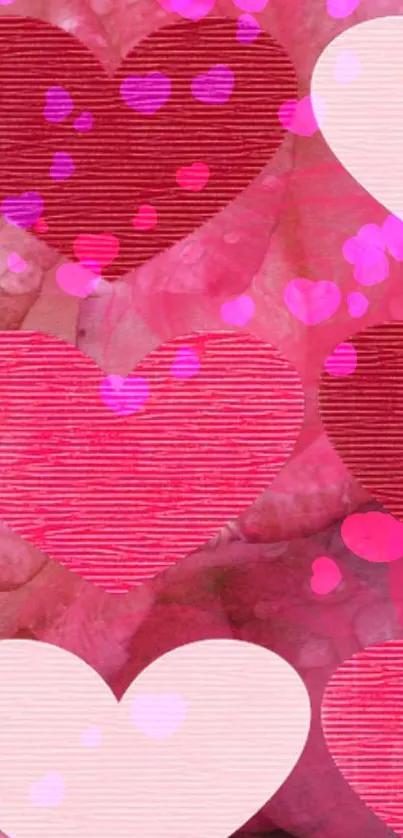 Wallpaper with red and pink hearts on a textured pink background.