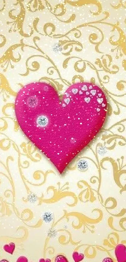 Pink heart on cream floral mobile wallpaper.