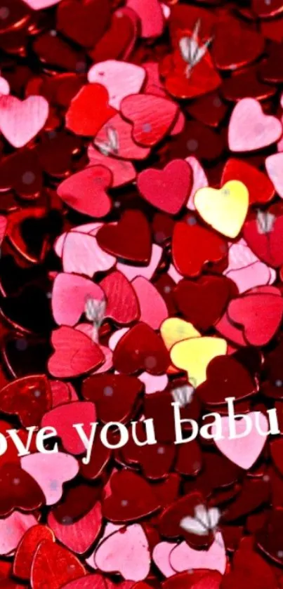 Romantic mobile wallpaper with red, pink, and yellow hearts, expressing love.