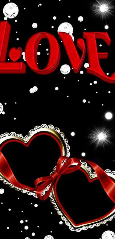 Romantic wallpaper with red hearts and love text on black background.