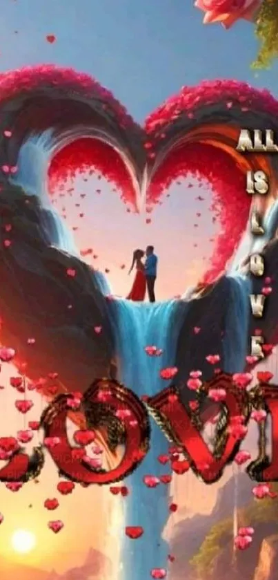 Romantic heart-shaped waterfall with love message.