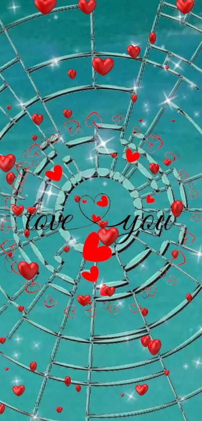 Romantic mobile wallpaper with hearts and spider web design.