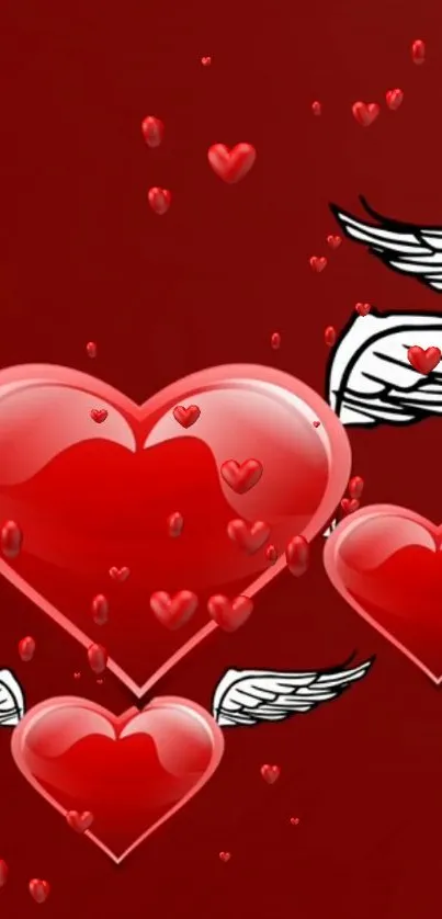 Red heart wallpaper with wings on maroon background.