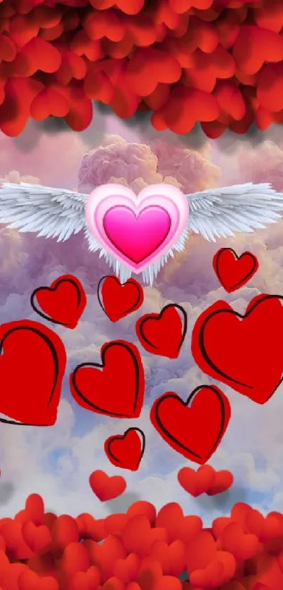 Mobile wallpaper with flying pink heart and red hearts on clouds.