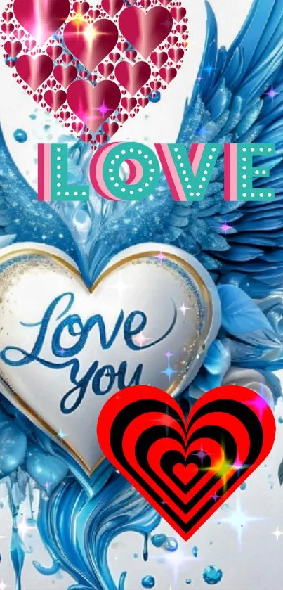 Blue heart with wings and love message wallpaper.