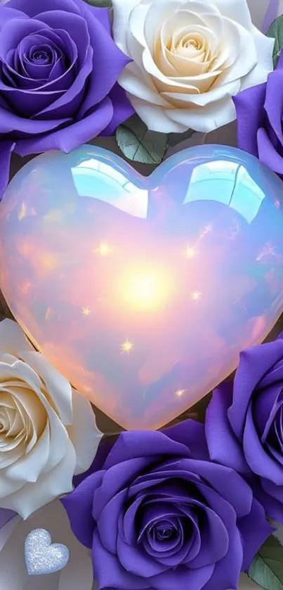 Glowing heart surrounded by purple and white roses.