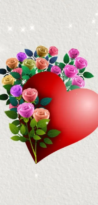 Red heart surrounded by colorful roses on light gray background.