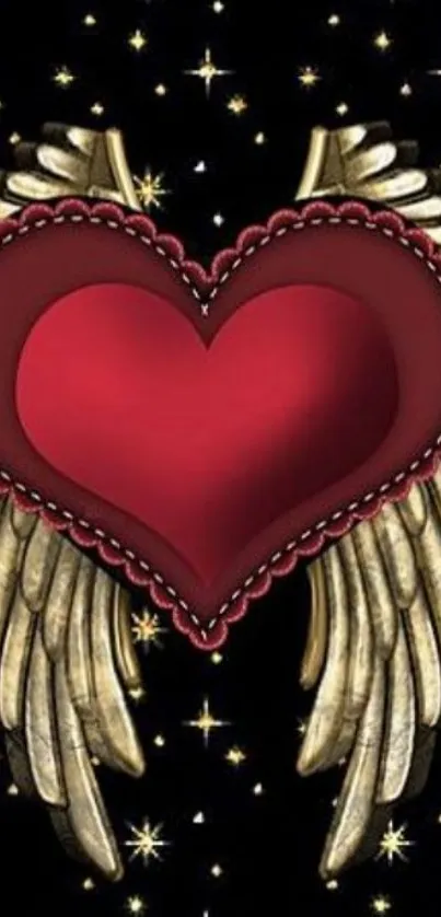 Heart with golden wings and stars on a black mobile wallpaper.