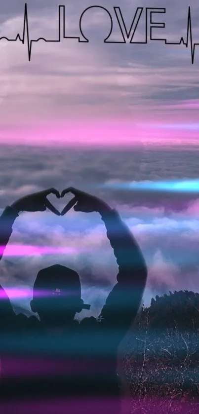 Silhouette heart hands with purple night sky background and heartbeat art.