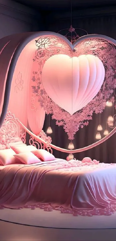 Heart-shaped pink bed with romantic lighting.