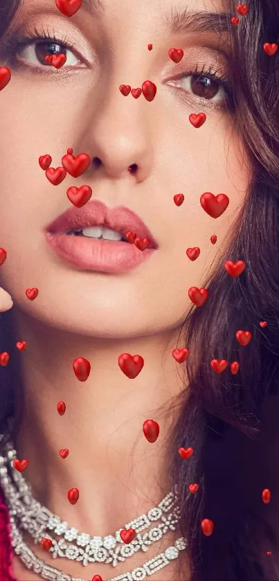 Close-up portrait wallpaper with falling hearts and elegant design.