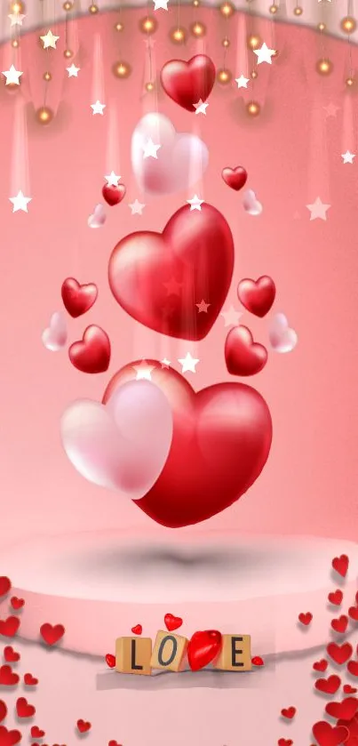Romantic wallpaper with cascading hearts on a pink background.