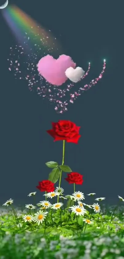 Mobile wallpaper with a red rose, pink heart clouds, and a rainbow sky.