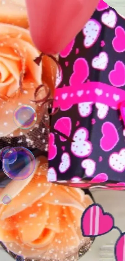 Romantic wallpaper with hearts and roses in pink tones.