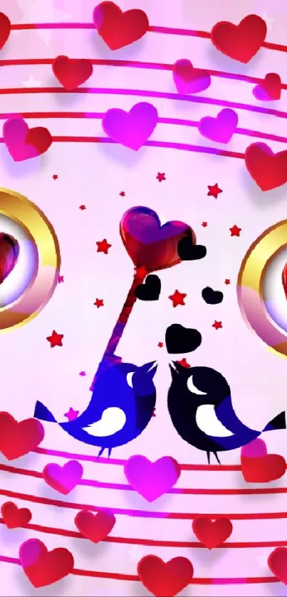 Romantic wallpaper with red hearts and lovebirds on a pink background.