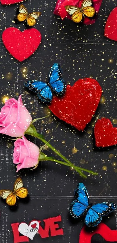 Romantic wallpaper with hearts, butterflies, and roses on a dark background.