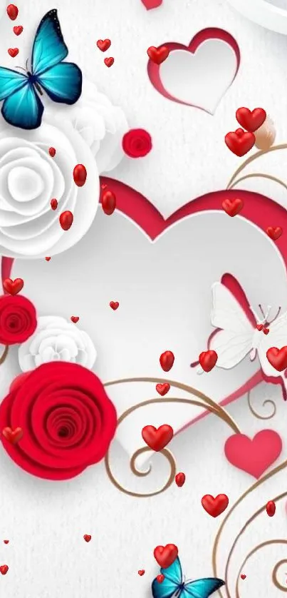 Romantic wallpaper with hearts, roses, and butterflies on a white background.