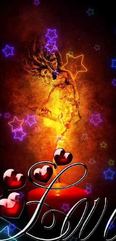 Mobile wallpaper with romantic hearts and candlelight design.