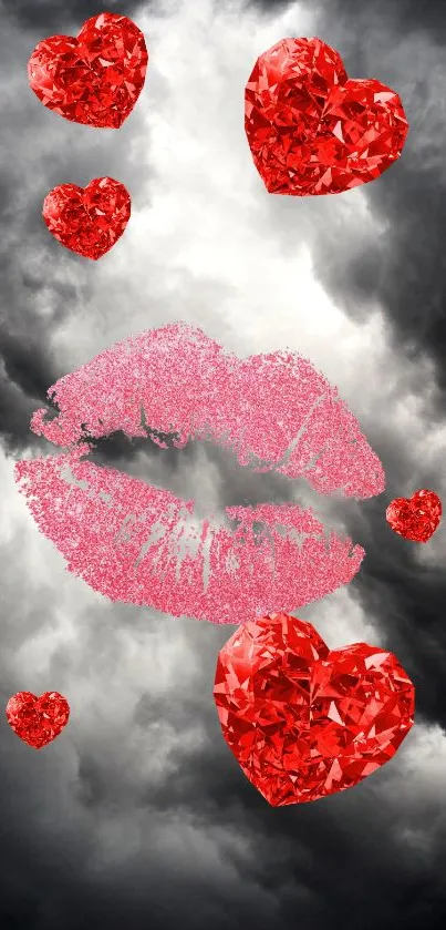 Red hearts and pink lip print on a cloudy background.