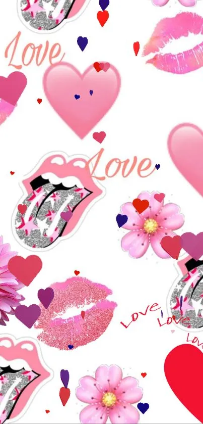 Romantic mobile wallpaper with pink hearts, lips, and flowers.