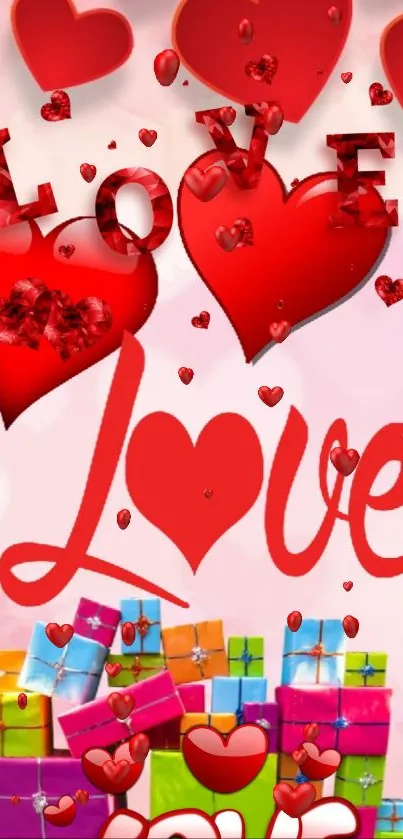 Romantic wallpaper with red hearts and colorful gift boxes.