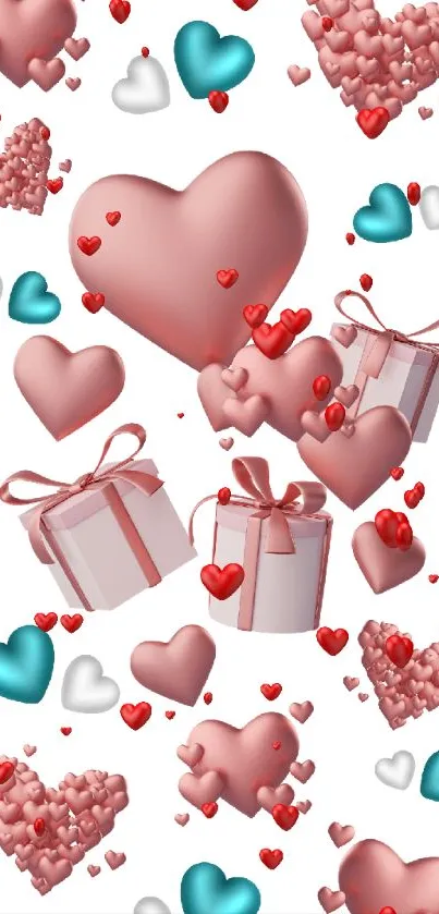 Mobile wallpaper with pink hearts and gifts on white background.