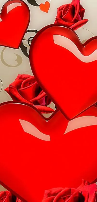 Glossy red hearts and roses wallpaper design.