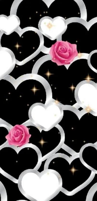 Romantic black wallpaper with hearts and roses.