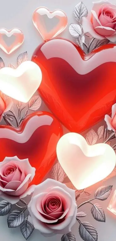 Red hearts and pink roses mobile wallpaper.