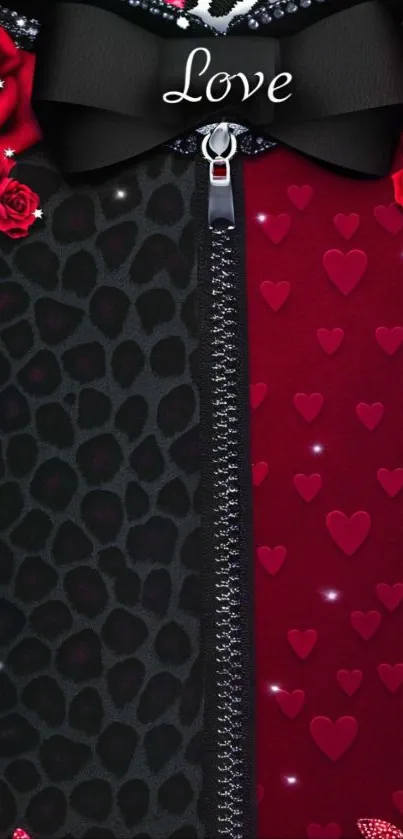 Romantic wallpaper with roses, hearts, and zipper design.