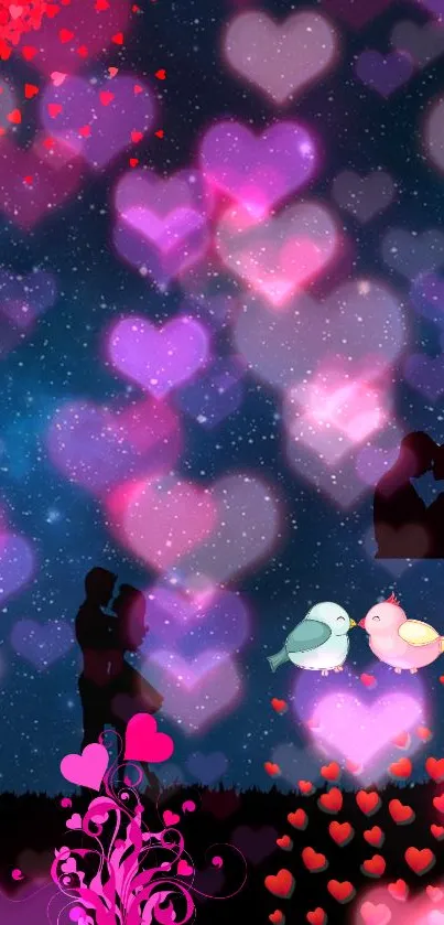 Romantic wallpaper with hearts, silhouette couples, and love birds on a starry night.