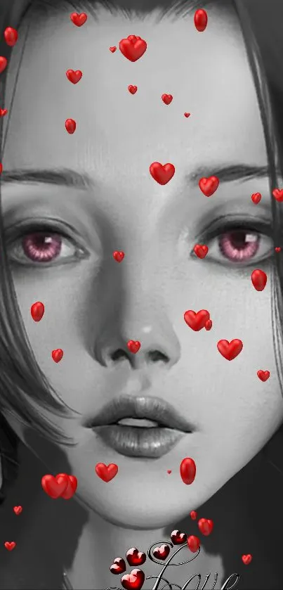 Grayscale portrait with red heart accents mobile wallpaper.