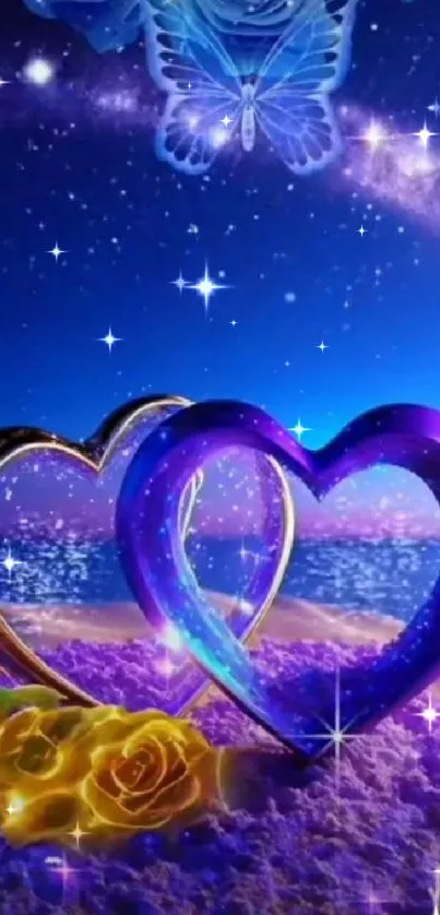 Romantic hearts and butterfly fantasy wallpaper with a starlit sky.