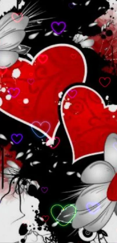 Red hearts and floral design on abstract background.