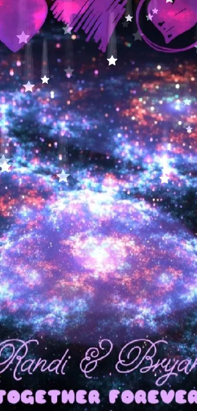 Romantic galaxy wallpaper with hearts and cosmic glow.