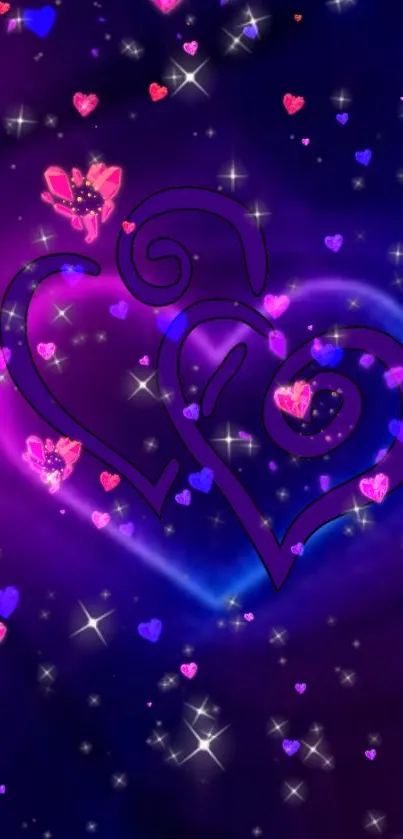 Purple and blue galaxy wallpaper with hearts and stars