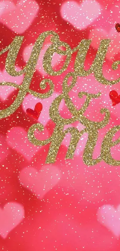 Romantic mobile wallpaper with hearts and gold text.