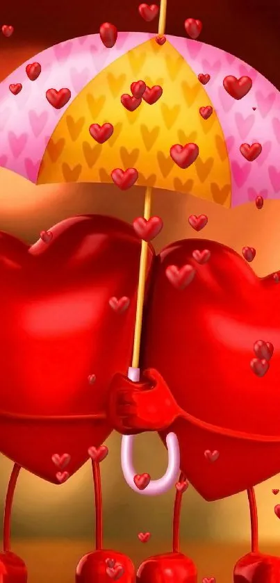 Two 3D hearts under colorful umbrella on a blurred background.