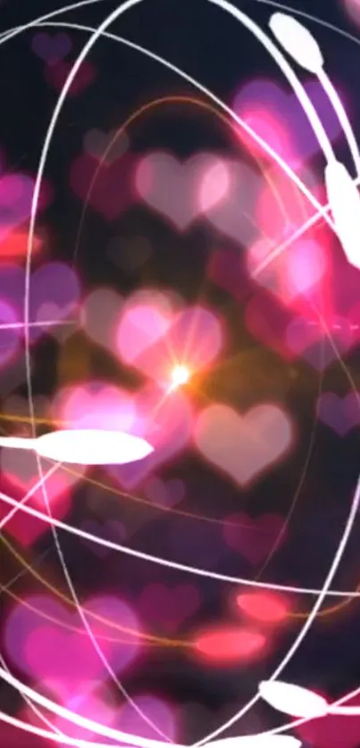 Romantic pink hearts with glowing trails wallpaper.