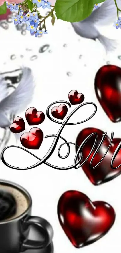 Mobile wallpaper with red hearts, love script, and white doves.