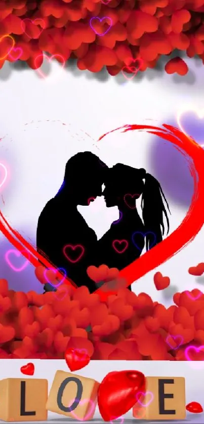 Romantic wallpaper with red heart and couple silhouette.