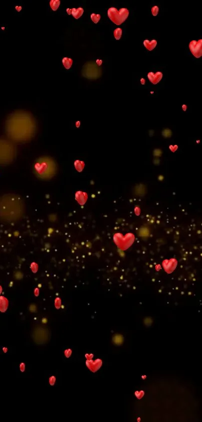 Romantic wallpaper with red hearts and golden glow on a black background.