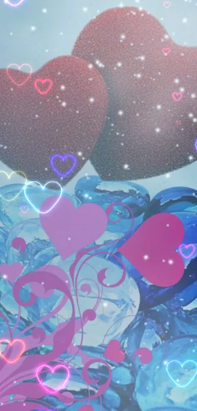 Romantic mobile wallpaper with hearts and floral designs.